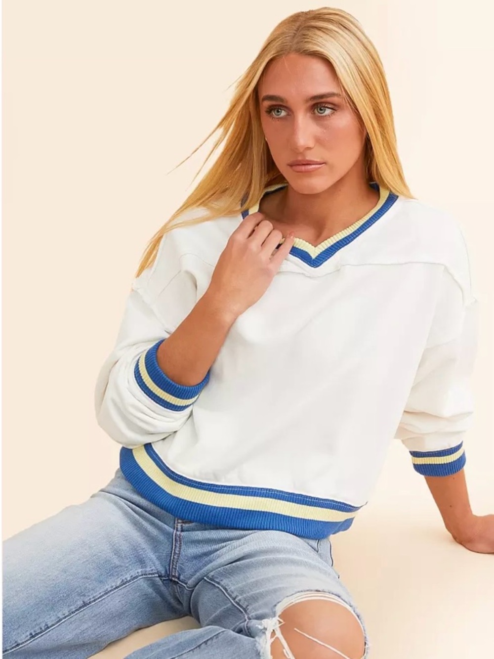 Free People White V-Neck Sweatshirt Blue and Yellow Trim